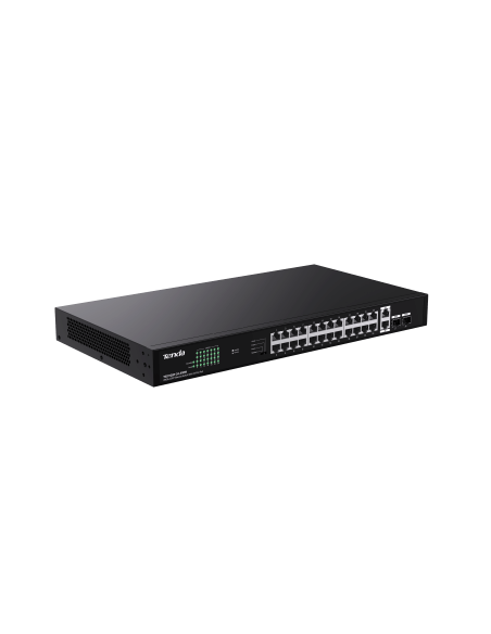 Image of the Tenda 24-Port Gigabit PoE Switch featuring 2 SFP ports and multiple RJ45 ports.