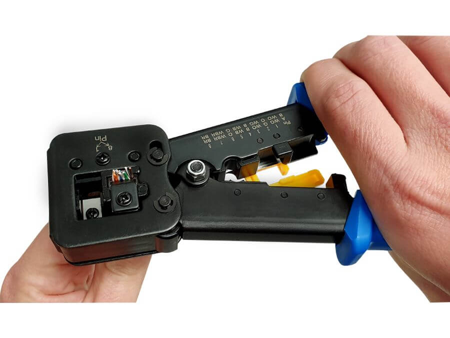 Scoop EZ Crimp Tool designed for RJ45 connectors, showcasing the tool's ergonomic design and functionality.