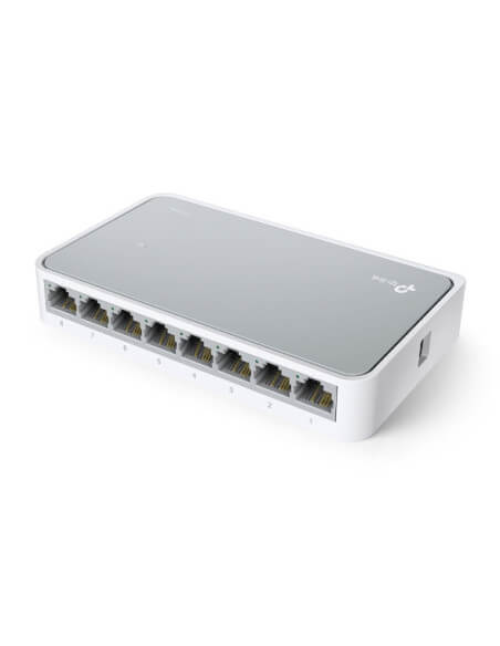 TP-Link 8-Port 10/100 Mini Desktop Switch with multiple Ethernet ports for network connectivity.