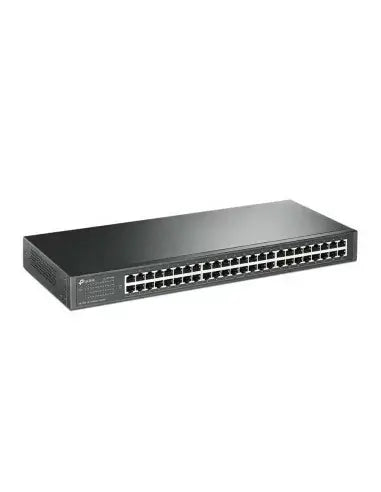 Image of a TP-Link 48-Port 10/100 Rackmount Switch with RJ45 ports in a 1U 19-inch steel case.
