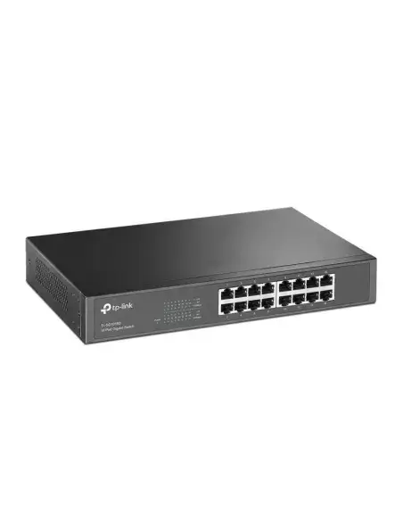 TP-Link 16-Port Gigabit Switch with 16 RJ45 ports, designed for 1U 13-inch rack mounting, housed in a durable steel case.