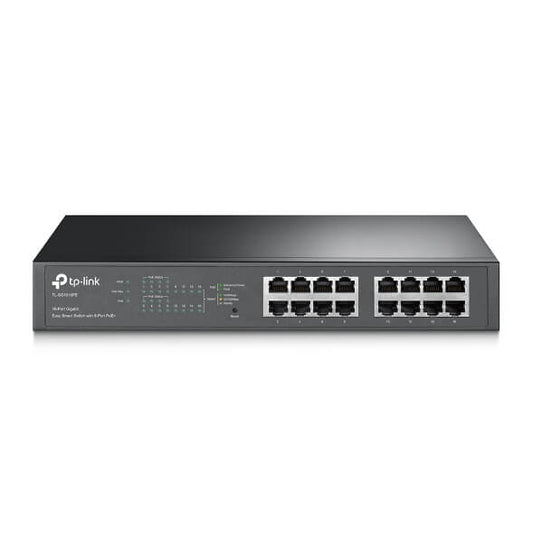 TP-Link 16-Port Gigabit PoE+ Smart Switch with multiple Ethernet ports for network connectivity.