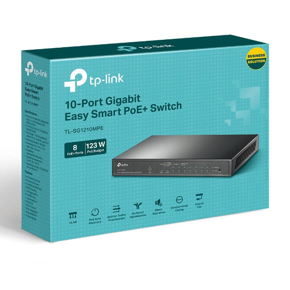 TP-Link 10-Port Easy Smart PoE+ Gigabit Switch with multiple Ethernet ports for network connectivity.