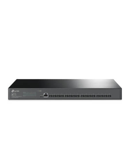 Image of the TP-Link JetStream 16-Port 10GE Managed Fiber Switch showcasing its design and features.