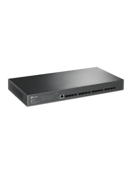 Image of the TP-Link JetStream 16-Port 10GE Managed Fiber Switch, showcasing its design and features.