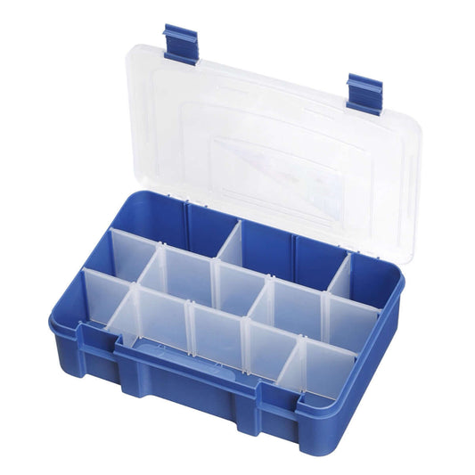 SP PAN 196 Blue and Transparent Polypropylene Organiser Box featuring adjustable compartments for versatile storage.