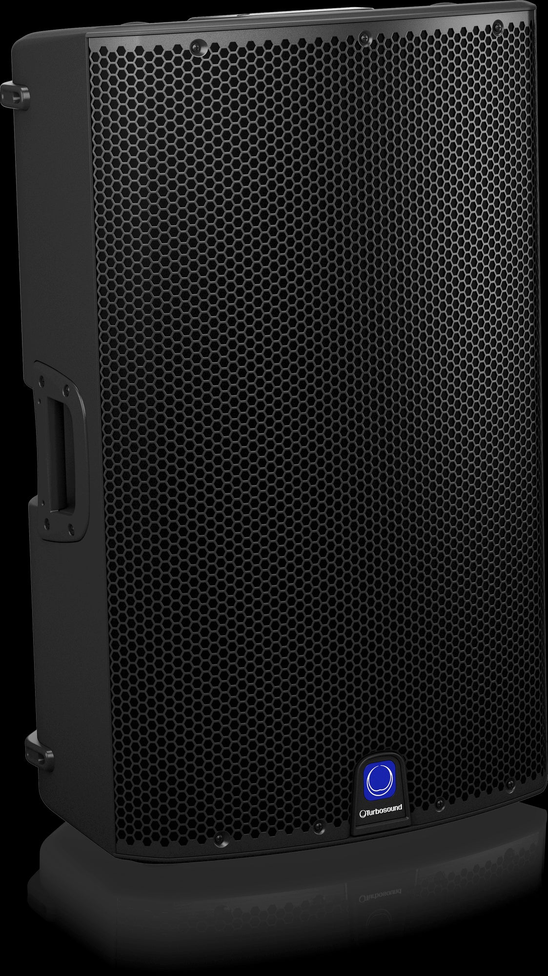 Turbosound iQ15 2500W 15-inch active loudspeaker shown from the left side, designed for live applications.