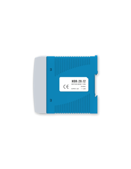 Teltonika 20W DIN Rail Power Supply with input voltage of AC 100-240V and output voltage of DC 12V, suitable for various applications.