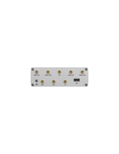 Teltonika Industrial LTE-A Cat 12 Router featuring Dual SIM capability and Wave-2 Wi-Fi, with five Gigabit Ethernet ports.