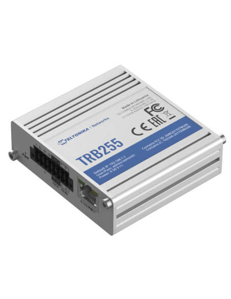 Teltonika Dual-SIM LTE Gateway featuring I/O, Ethernet, RS232/485 interfaces, and GPS functionality.