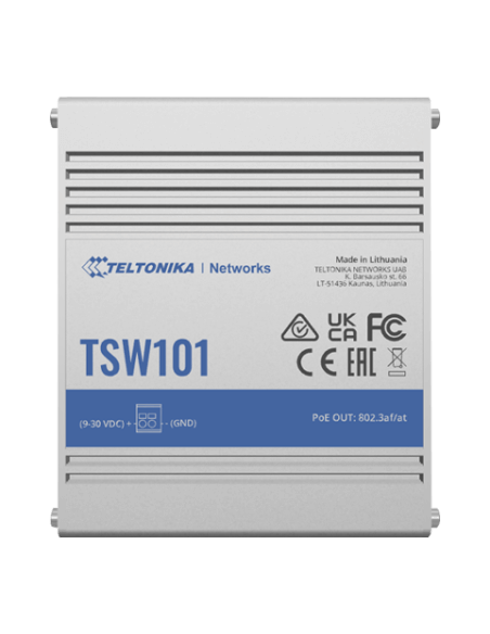 Teltonika Industrial 5-Port Gigabit Switch featuring 5 gigabit ports and supports auto MDI/MDIX, ideal for unmanaged network setups.