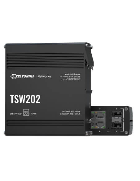 Teltonika Industrial Managed PoE+ Switch featuring Gigabit Ethernet ports that provide 30W of power each.