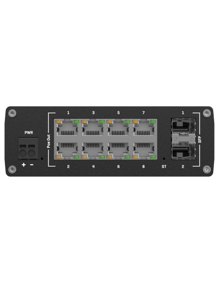 Teltonika Industrial Managed PoE+ Switch featuring Gigabit Ethernet ports, each providing 30W of power.
