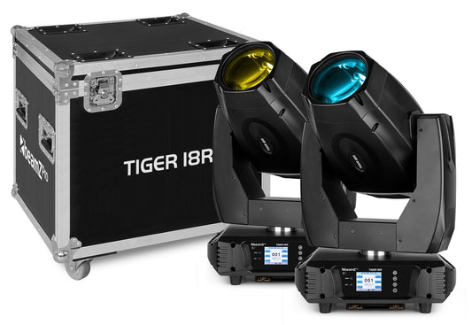 Top view of the Tiger 18R 380W BSW Moving Head with CMY - Set of 2 in Flightcase, 3-in-1 effects, DMX control, high-intensity discharge bulb.