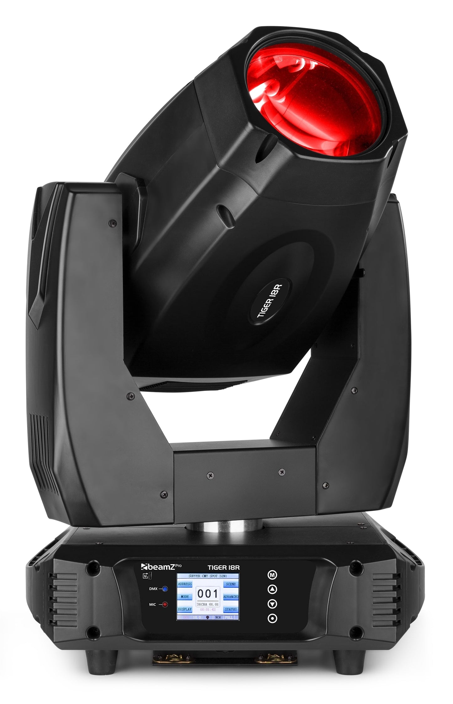 Front view of the Tiger 18R 380W BSW Moving Head with CMY - Set of 2 in Flightcase, 3-in-1 effects, DMX control, high-intensity discharge bulb in Red.