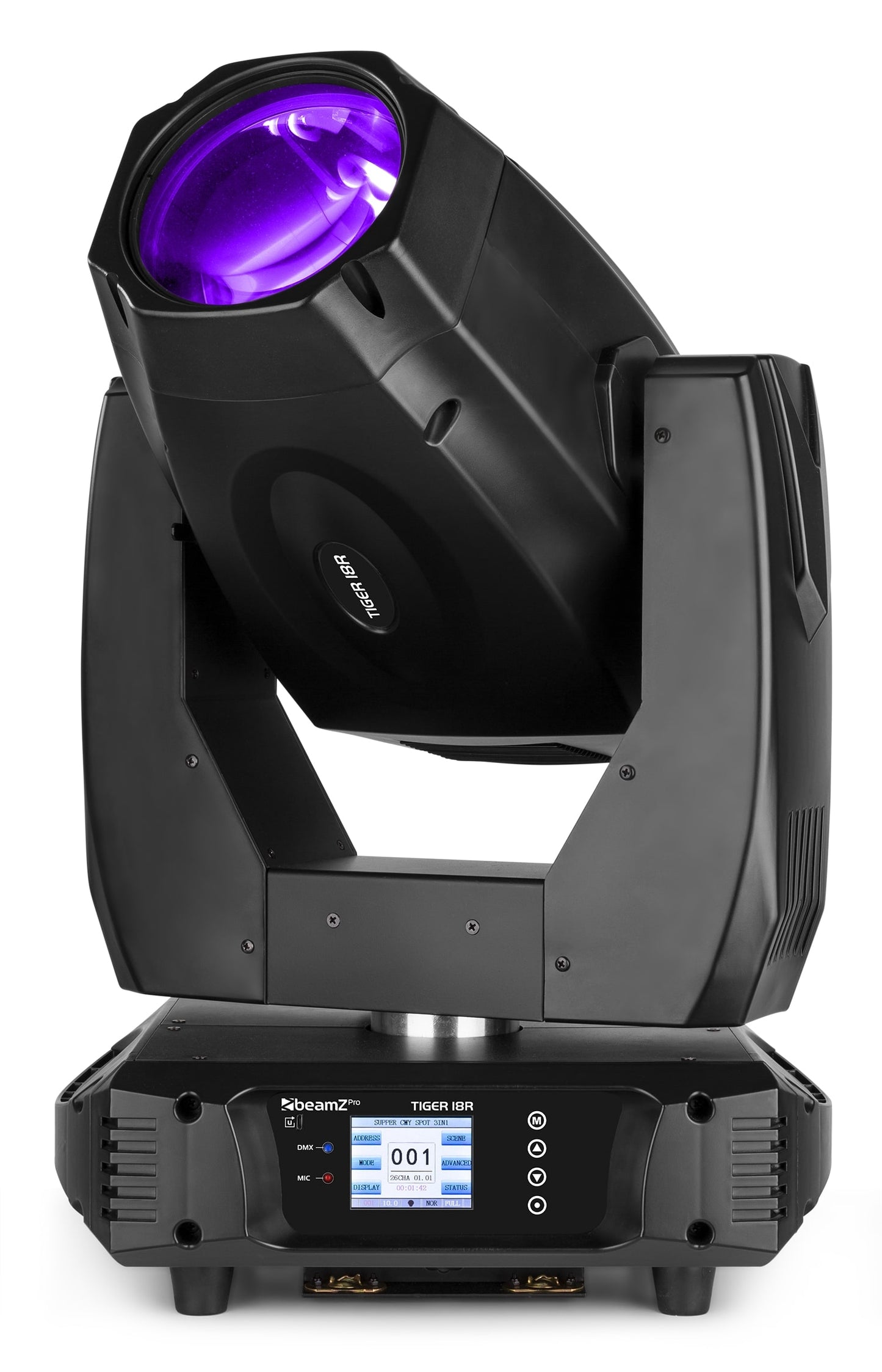 Front view of the Tiger 18R 380W BSW Moving Head with CMY - Set of 2 in Flightcase, 3-in-1 effects, DMX control, high-intensity discharge bulb in Purple.