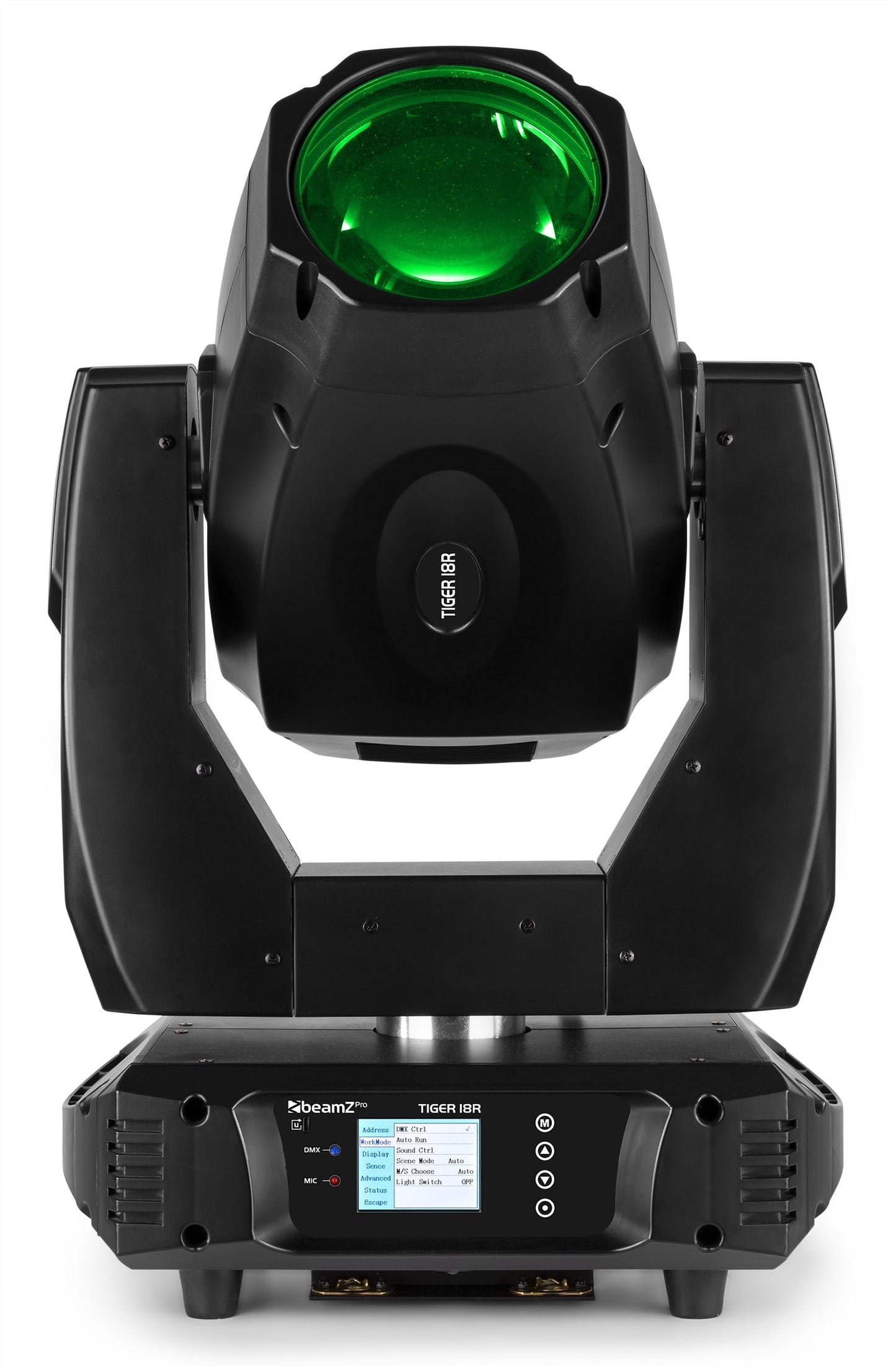 Front view of the Tiger 18R 380W BSW Moving Head with CMY - Set of 2 in Flightcase, 3-in-1 effects, DMX control, high-intensity discharge bulb in Green.
