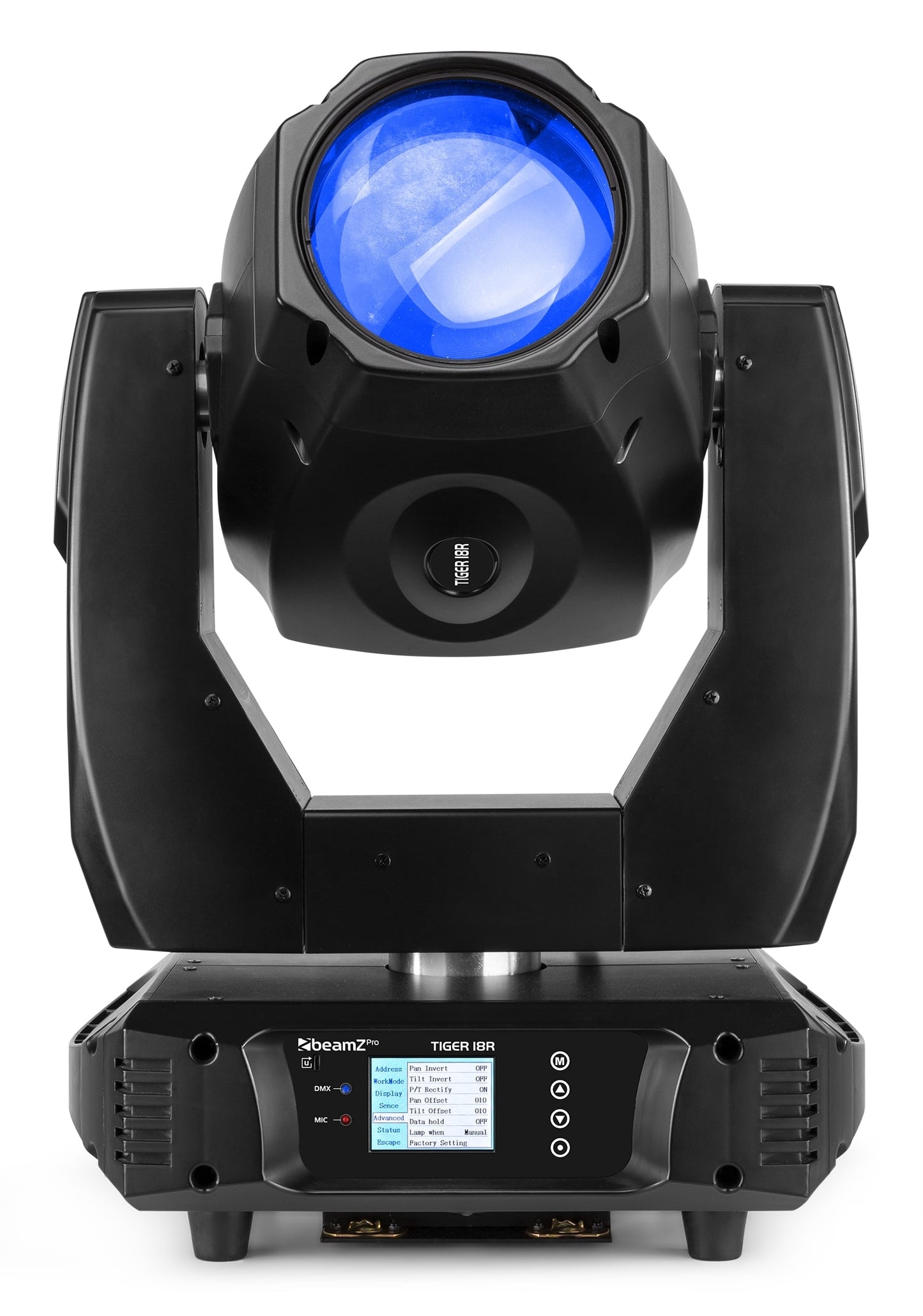 Front view of the Tiger 18R 380W BSW Moving Head with CMY - Set of 2 in Flightcase, 3-in-1 effects, DMX control, high-intensity discharge bulb in Blue.