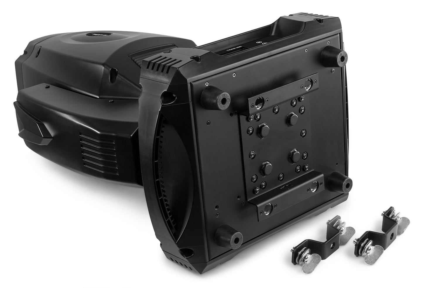 Top view of the Tiger 18R 380W BSW Moving Head with CMY - Set of 2 in Flightcase, 3-in-1 effects, DMX control, high-intensity discharge bulb with mounting brackets.
