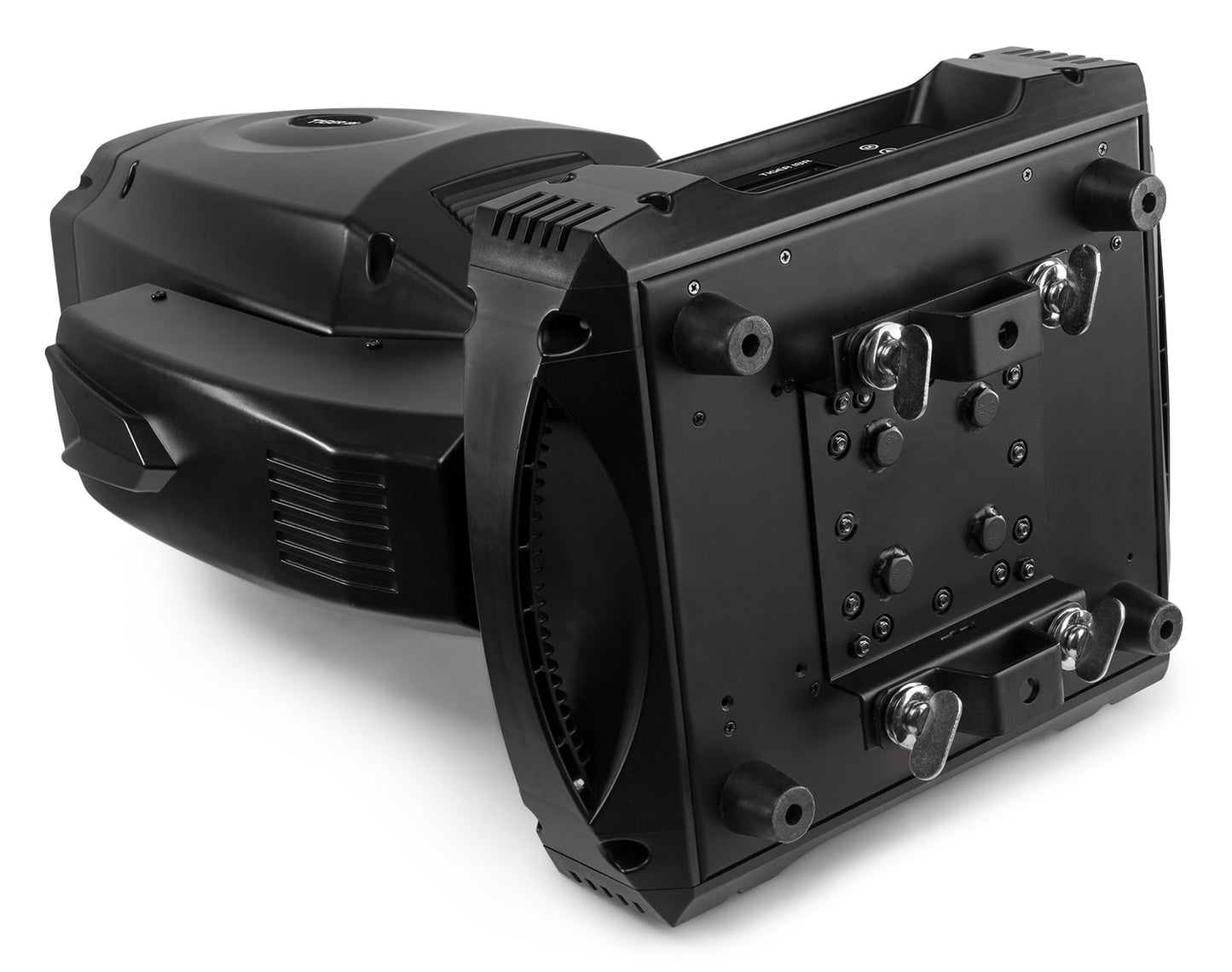 Top view of the bottom of the Tiger 18R 380W BSW Moving Head with CMY - Set of 2 in Flightcase, 3-in-1 effects, DMX control, high-intensity discharge bulb.