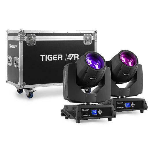 Front view of the Tiger E 7R MKIII 230W Beam Moving Head - Set of 2 in Flightcase, 17 gobos, 14 colors, high-intensity 230W bulb.