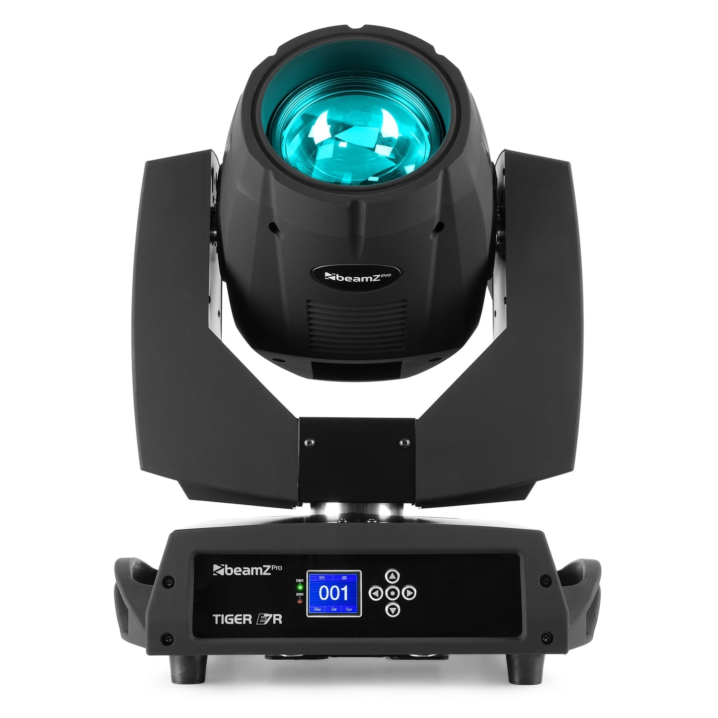 Front view of the Tiger E 7R MKIII 230W Beam Moving Head - 17 gobos, 14 colors, high-intensity 230W bulb in Blue.