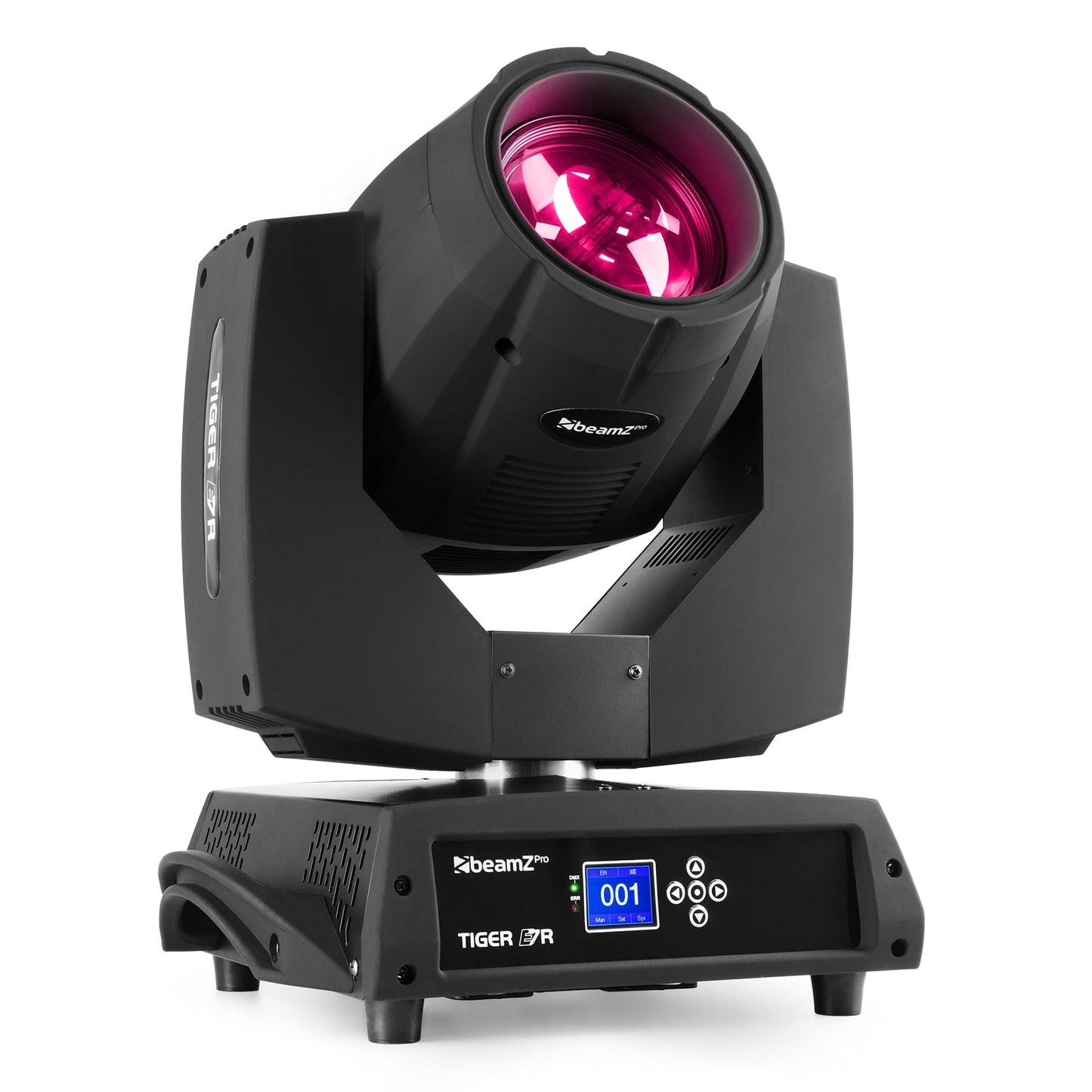 Front view of the Tiger E 7R MKIII 230W Beam Moving Head - 17 gobos, 14 colors, high-intensity 230W bulb in Pink.