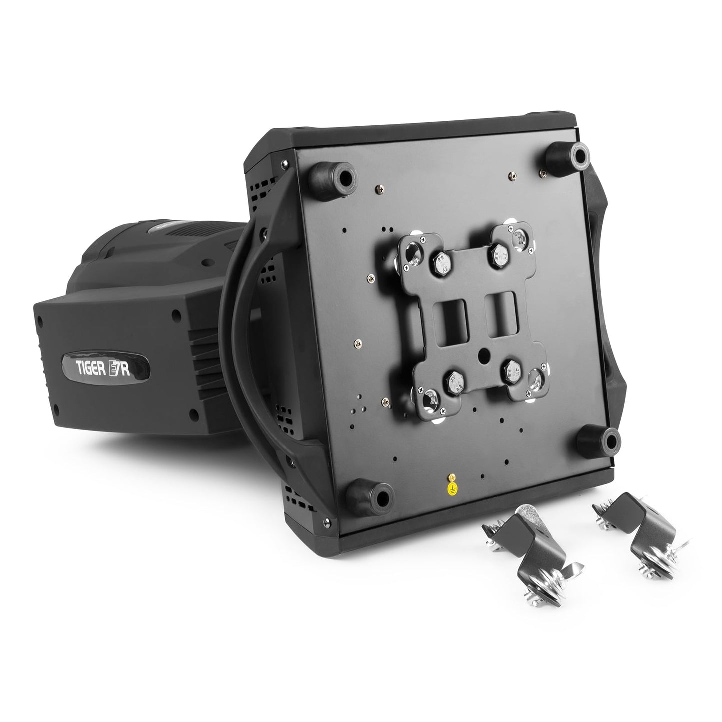 Bottom view of the Tiger E 7R MKIII 230W Beam Moving Head - 17 gobos, 14 colors, high-intensity 230W bulb with mounting brackets.