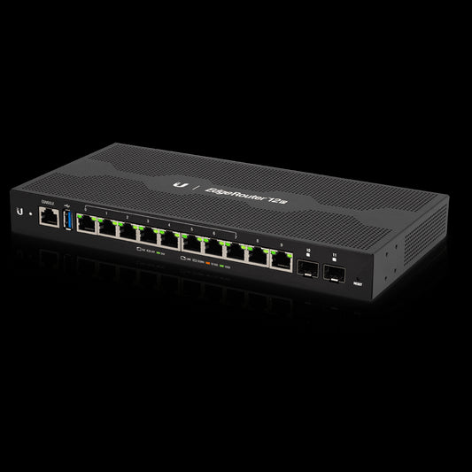 Ubiquiti EdgeRouter 12P with PoE, a networking device featuring multiple ports for power over Ethernet connectivity.