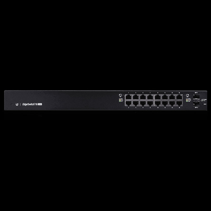 Ubiquiti EdgeSwitch 16-Port with 150W PoE, showcasing the device's design and features.