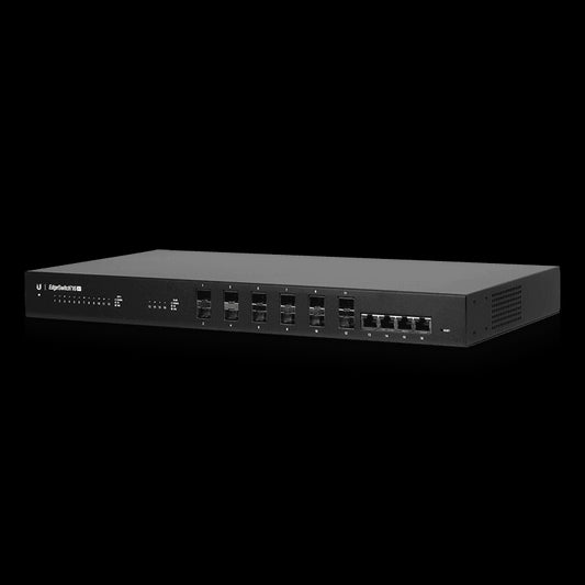 Ubiquiti EdgeSwitch 16-Port with 12x 10Gbps SFP, showcasing the network switch design and ports.