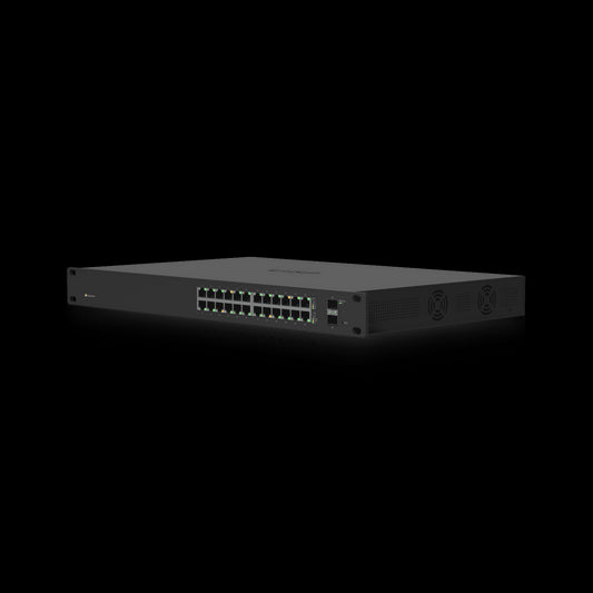 Ubiquiti EdgeSwitch 24-Port with 250W PoE and 2x SFP, showcasing the network switch design and features.