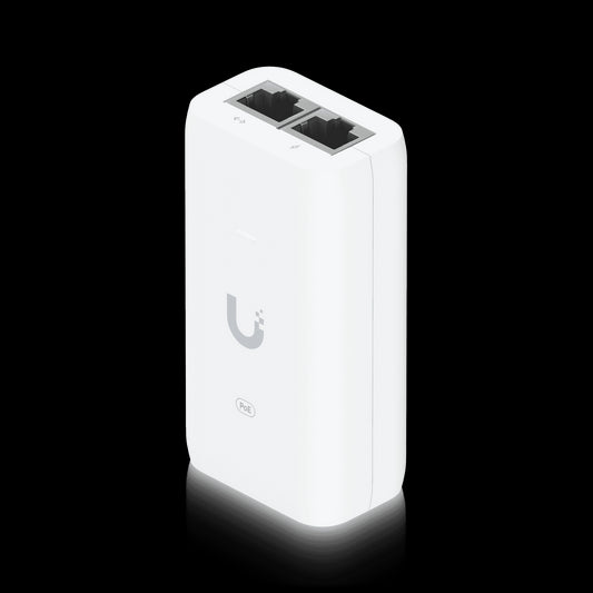 Ubiquiti 802.3af Gigabit PoE Adapter 48V, 15W with a sleek design, suitable for powering devices over Ethernet.