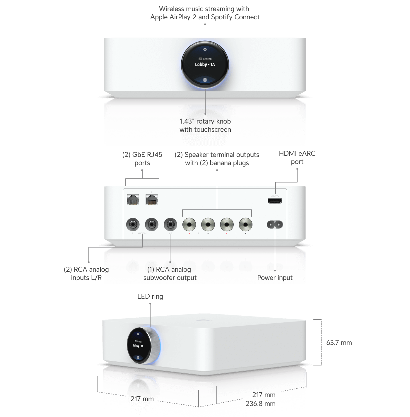 Ubiquiti UniFi PowerAmp White WiFi 5 Speaker Amplifier model UPL-AMP-W displayed in a clean and modern setting.