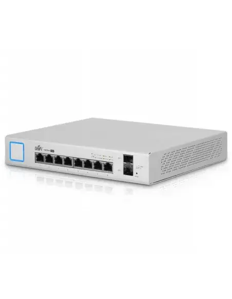 Ubiquiti UniFi 8-Port Switch with 2 SFP and 150W power, featuring multiple Ethernet ports for network connectivity.