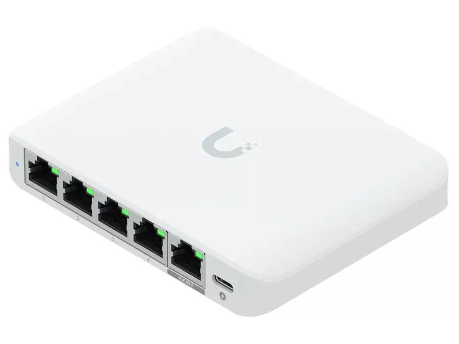 Ubiquiti UniFi Switch FLEX Mini with 5 ports, featuring 2.5GbE connectivity.