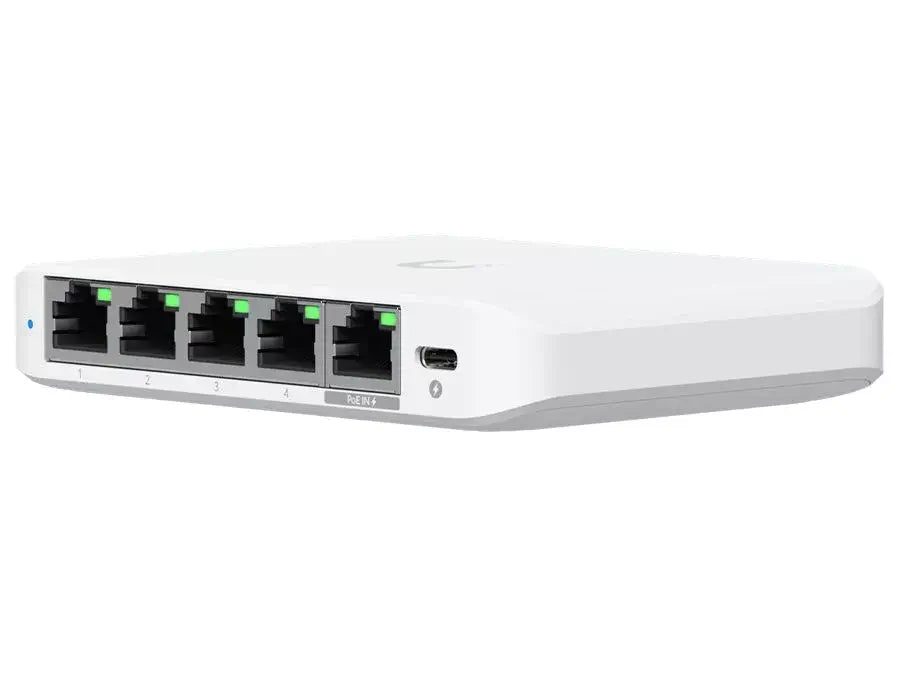 Ubiquiti UniFi Switch FLEX Mini, 5 Port 2.5GbE, showcasing the compact design and ports of the network switch.