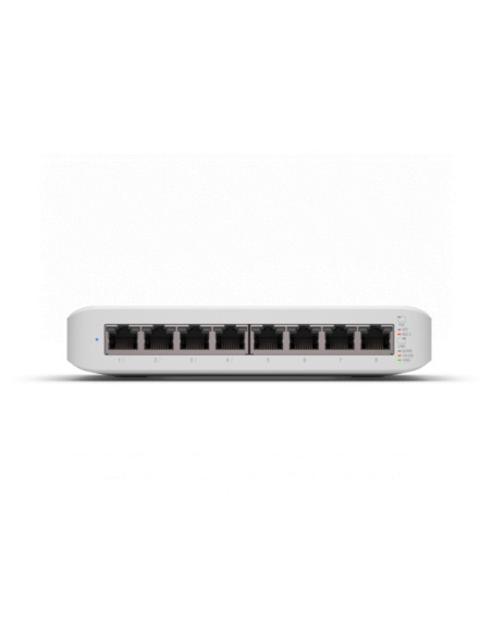 Ubiquiti UniFi Lite 8-Port PoE Switch with multiple Ethernet ports for Power over Ethernet connectivity.