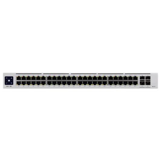 Ubiquiti UniFi Gen2 48-Port PoE Pro Switch with 600W PoE, showcasing its sleek design and multiple ports for network connectivity.
