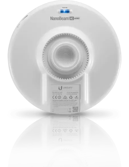 Ubiquiti airMAX NanoBeam AC 19dBi 5GHz Radio device showcasing its compact design and antenna features.
