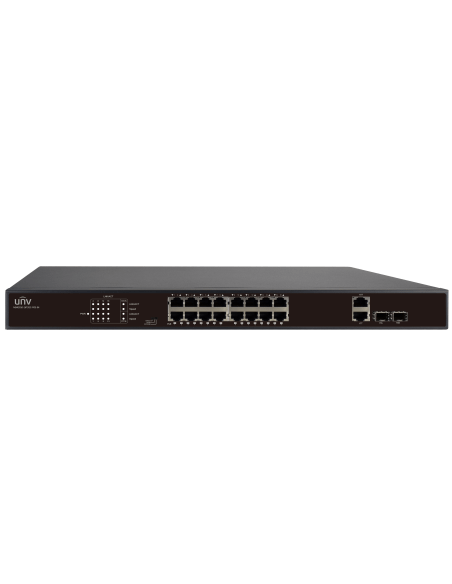 UNV 16-Port PoE Switch with EXTEND Mode, supports network connections up to 250 meters.