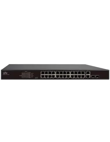 UNV 24-Port 10/100 PoE Ethernet Switch with EXTEND Mode, capable of extending connectivity up to 250 meters.