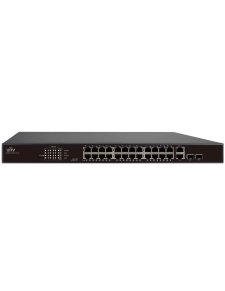 UNV 24-Port 10/100 PoE Ethernet Switch with EXTEND Mode, supporting distances up to 250 meters.