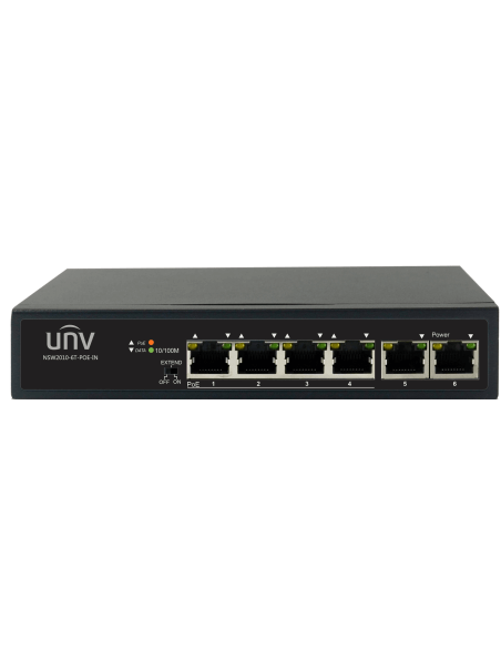 Image of the UNV 4-Port PoE Switch, designed to support transmission distances up to 250 meters.