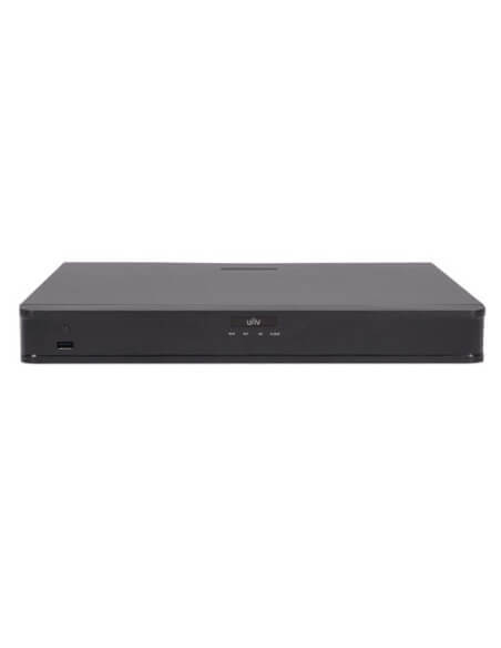UNV Ultra H.265 16-Channel NVR with 2 HDD slots and 16 PoE ports, featuring human body detection technology.