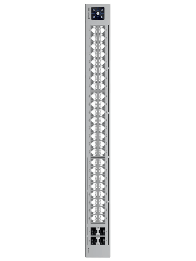 Angled view of the Ubiquiti UniFi Pro Max Switch 48 emphasizing its robust design and features.