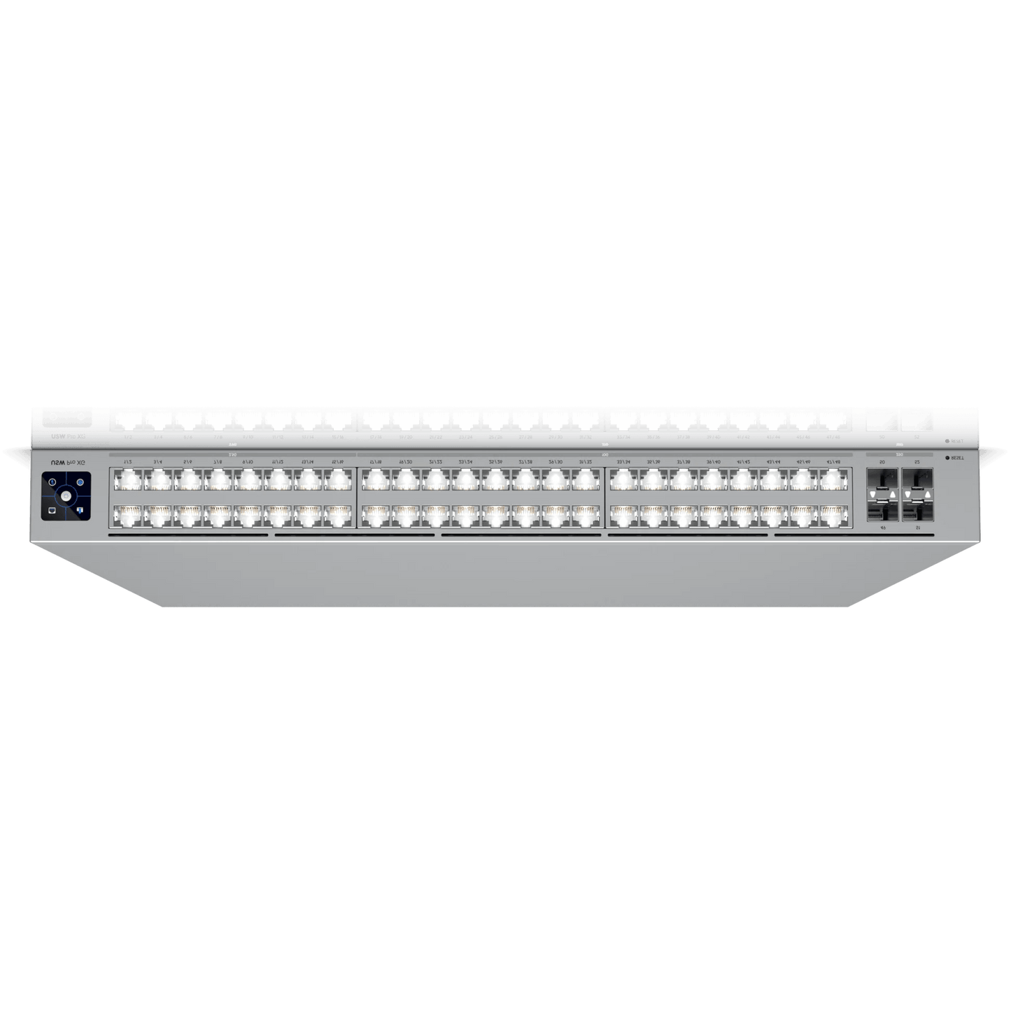 Inverted view of the Ubiquiti UniFi Pro XG Switch 32 Port 10Gbps, providing a unique perspective on the design and features.