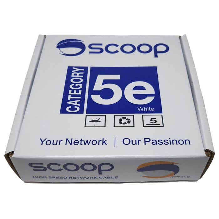 Scoop 100M Cat5e CCA White UTP Cable displayed on a white background.