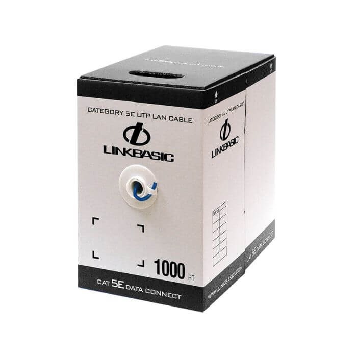 Linkbasic 305M Cat5e Solid Blue UTP Cable displayed in a clear view.