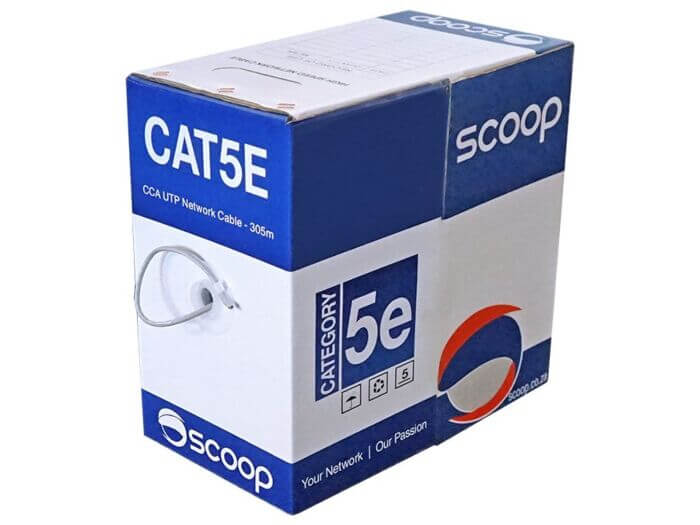 Scoop 305M Cat5e CCA Grey UTP Cable displayed on a white background